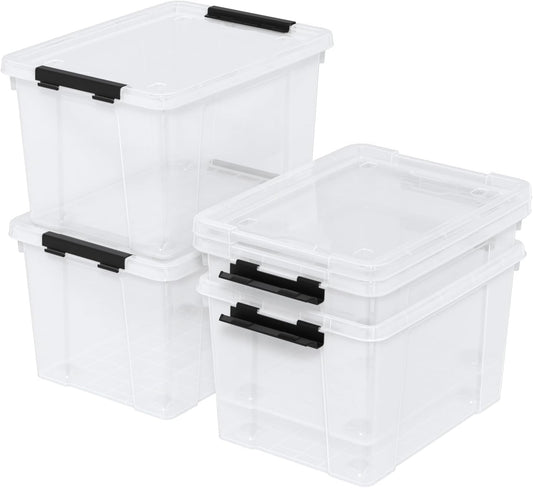 35 Quart Latching Storage Box with Wheels, See-Through Base Plastic Container Bins with Secure Latching Lid, Black Latch, (4-Pack)