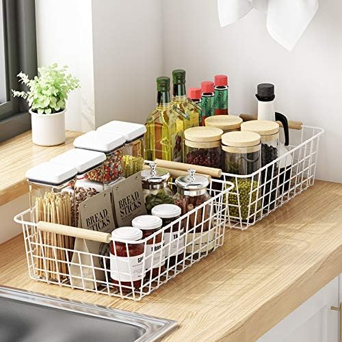 Kitchen Wire Baskets Farmhouse Decor Metal Food Storage Organizer,Household Refrigerator Bin with Built-in Handles for Cabinets, Pantry, Bathroom,2 Packs(white)