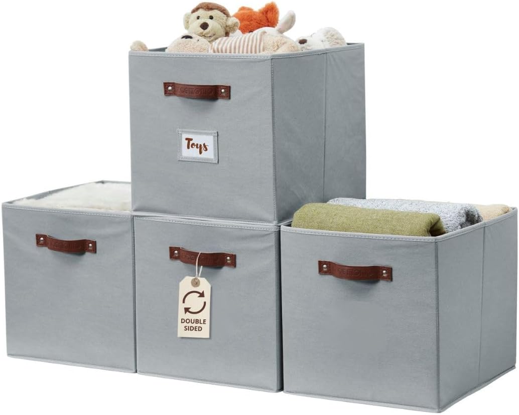 DECOMOMO Storage Baskets, 13x15x13 Storage Cube Bins with Labels for Organizing Shelves Kallax (Kallax / 4pcs, Grey)