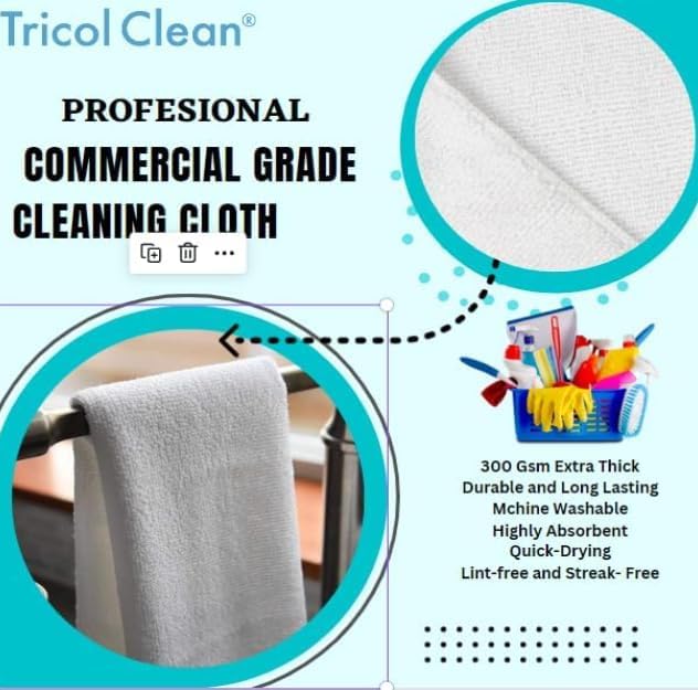 Tricol Clean Professional Extra-Thick Microfiber Cleaning Cloth 12 Pack White (16IN x 16IN, 300GSM, Commercial Grade All-Purpose Microfiber Highly Absorbent, LINT-Free, Streak-Free Cleaning Towels)