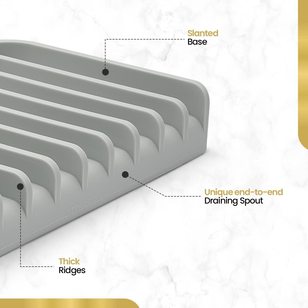 Effilogic Silicone Sponge Holder – Self-Draining Kitchen Sink Organizer, Quick Dry Mat and Counter Protector – Dishwashing Accessories for Sponges, Brushes, and Soap - Large Gray