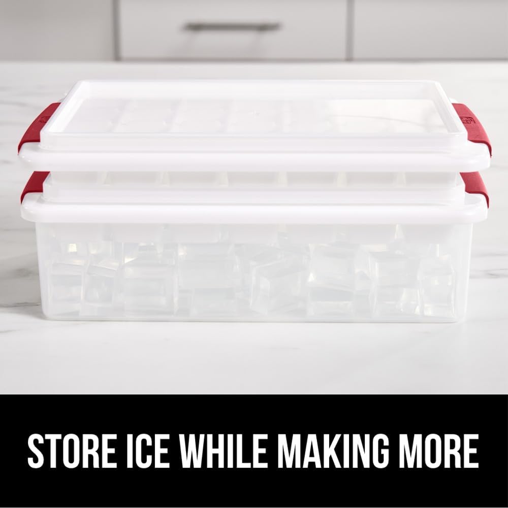 GORILLA GRIP Stackable Ice Cube Tray and Bucket Set for Freezer, Includes 2 Trays with Lid and Scooper, Easy Release, Makes 56 Cubes for Cocktail Soda Coffee, Leak Proof Bin Kit, Kitchen Tools, Red