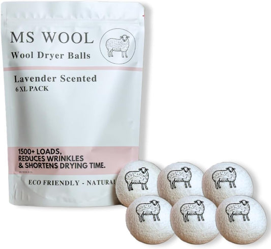 Lavender Scented Wool Dryer Balls – 6 XL Pack – Natural Fabric Softener, Reusable, Reduces Static, Reduces Wrinkles & Shortens Drying Time, Made W/Essential Oil, 100% Pure Wool