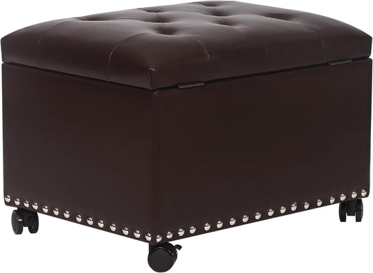 Leather Storage Ottoman Bench with Steerable Rolling Wheels, Rectangle 24 Inch Foot Rest Ottomans