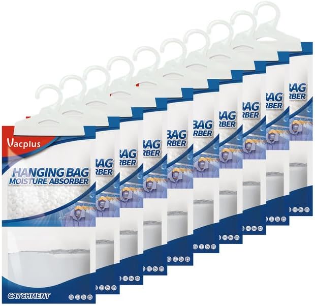 Vacplus Moisture Absorbers Packets, Fragrance Free 10 Pack, Humidity Packs, Dessicant Packets, Hanging Closet Dehumidifier Bags, Odor Eliminator for Bathroom 9.8OZ