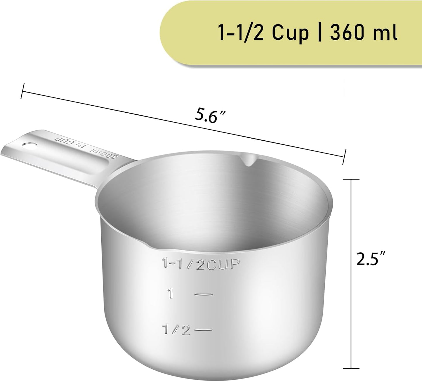 1PCS 1-1/2Cup (360ml, 12oz) Single Measuring Cup, Stainless Steel Measure Scoop, Metric and US Measurement, Dishwasher Safe