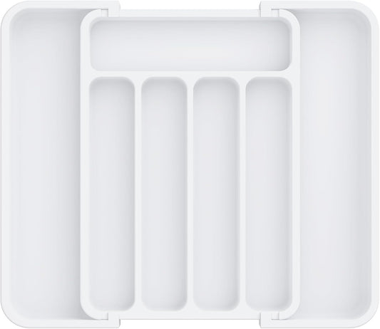 Aujen Silverware Organizer - Expandable Kitchen Drawer Organizer, Adjustable Utensil Organizer, Cutlery Tray for Forks, Knives, Multipurpose Kitchen Organizers and Storage Solution, White, Medium