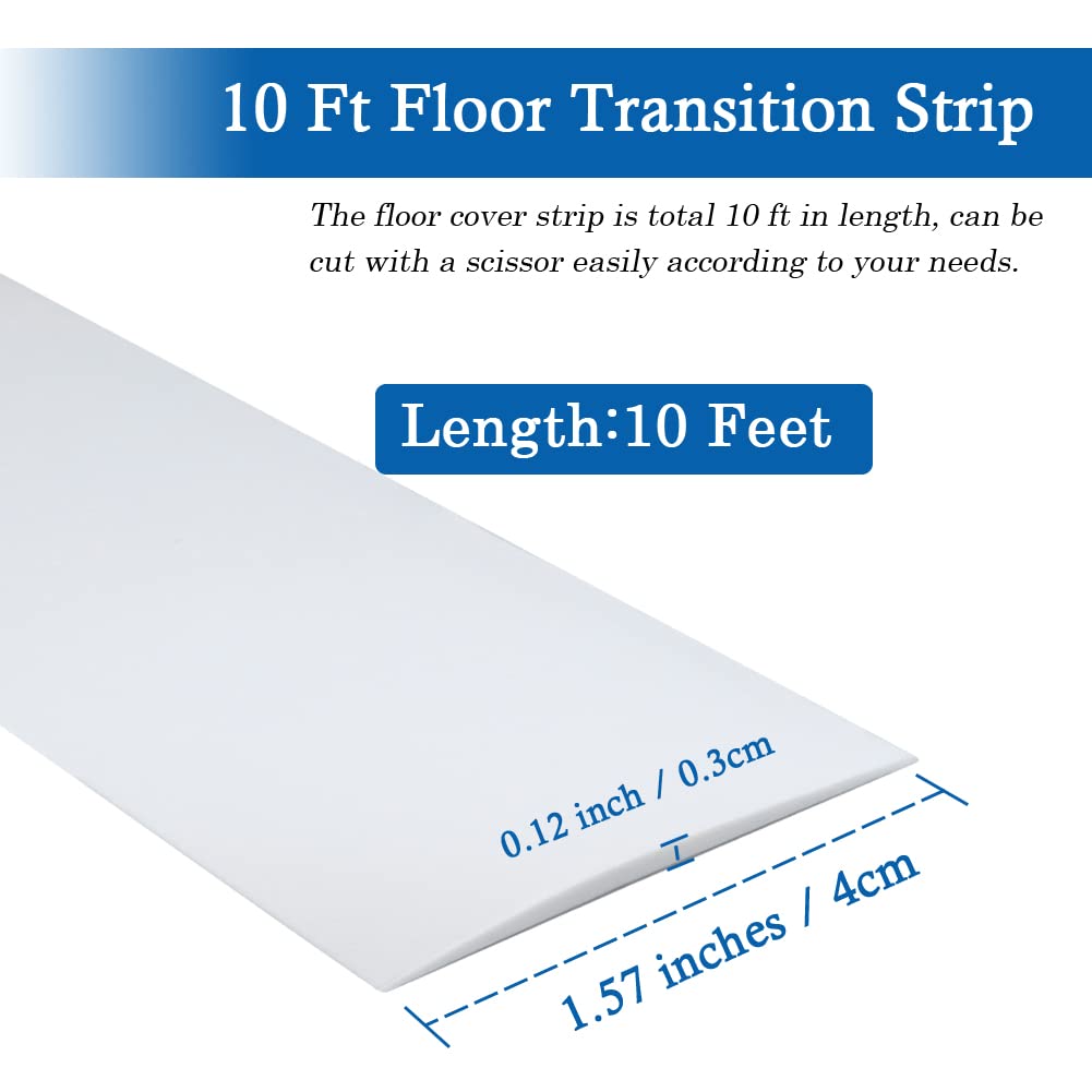 Floor Transition Strip Self Adhesive Floor Cover Strips Laminate 1.57" Wide Vinyl Flat Divider Transitions (4cm, 10Ft, White)