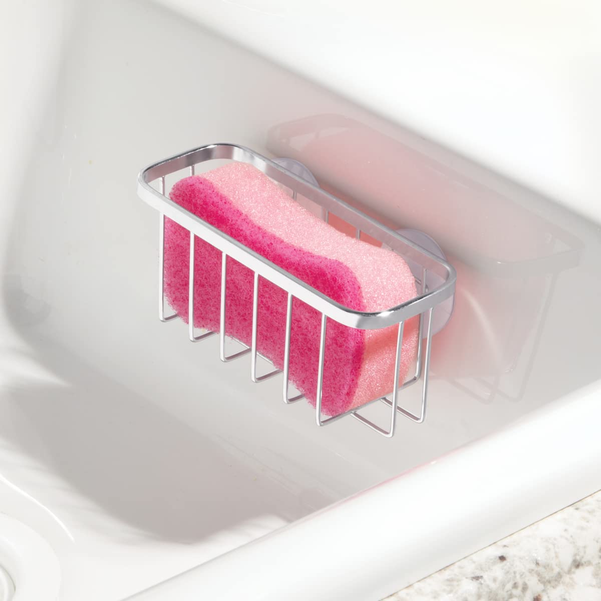 iDesign Gia Stainless Steel Dish Sponge Holder Basket with Suction Cups, Ideal for Kitchen Sinks