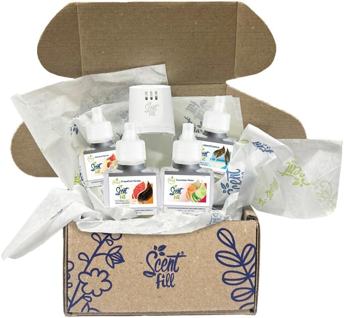 Summer Scent Fill Plug in Air Freshener Kit (Cucumber Melon, Grapefruit Vanilla, Island Essence, and Jasmine Nectar), 4 Refills + Diffuser