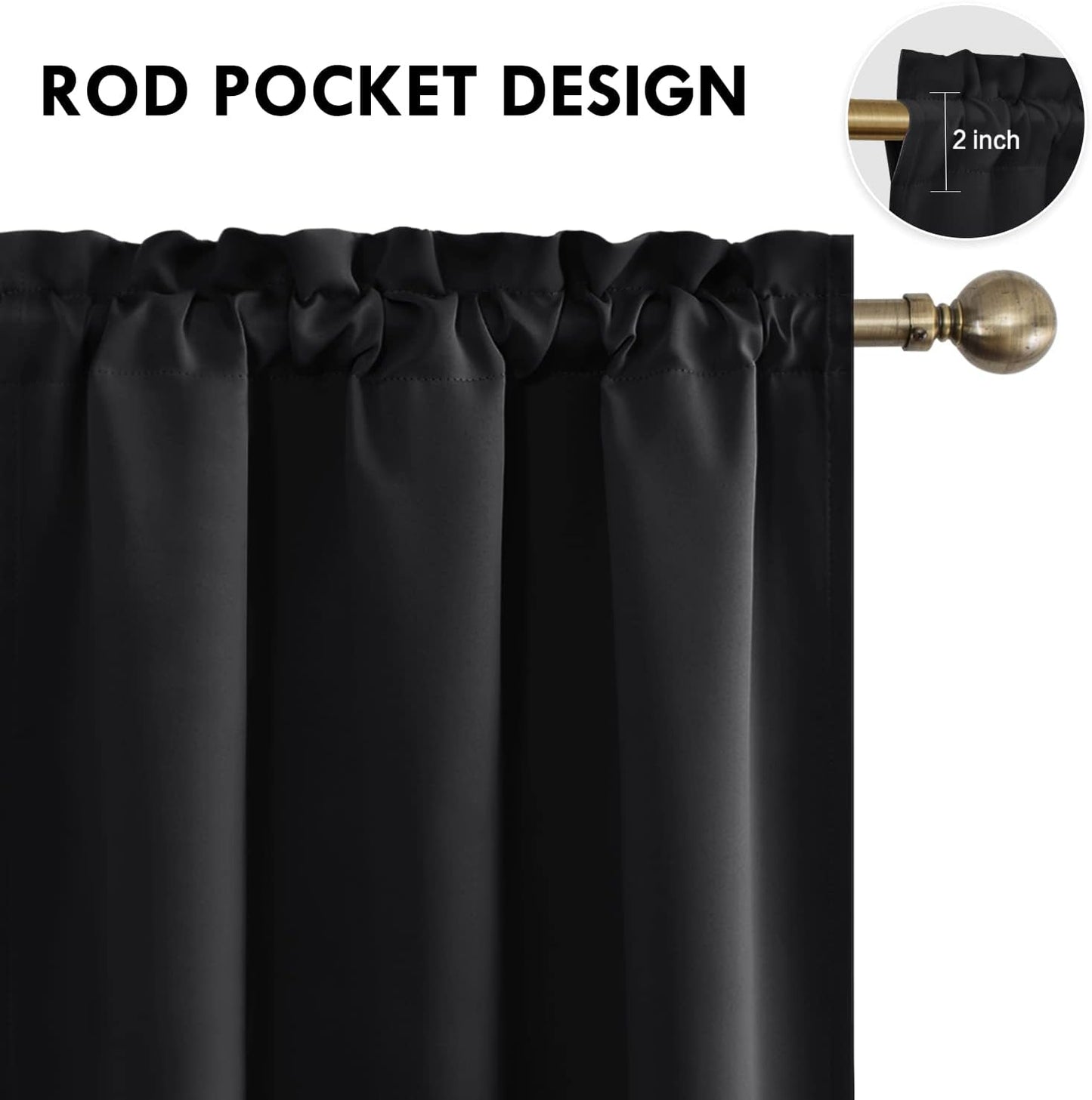 DWCN Black Blackout Curtains for Bedroom –Rod Pocket Thermal Insulated Room Darkening Drapes for Living Room, W 42 x L 54 Inch, 2 Panels