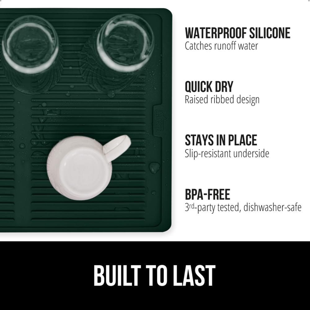 GORILLA GRIP 100% BPA-Free Silicone Dish Drying Mat for Kitchen Counter, Quick Dry, Water Catching Ribbed Design, Easy Clean Waterproof Sink Liner, Heat Resistant, Fits Under Rack, 16x12, Hunter Green