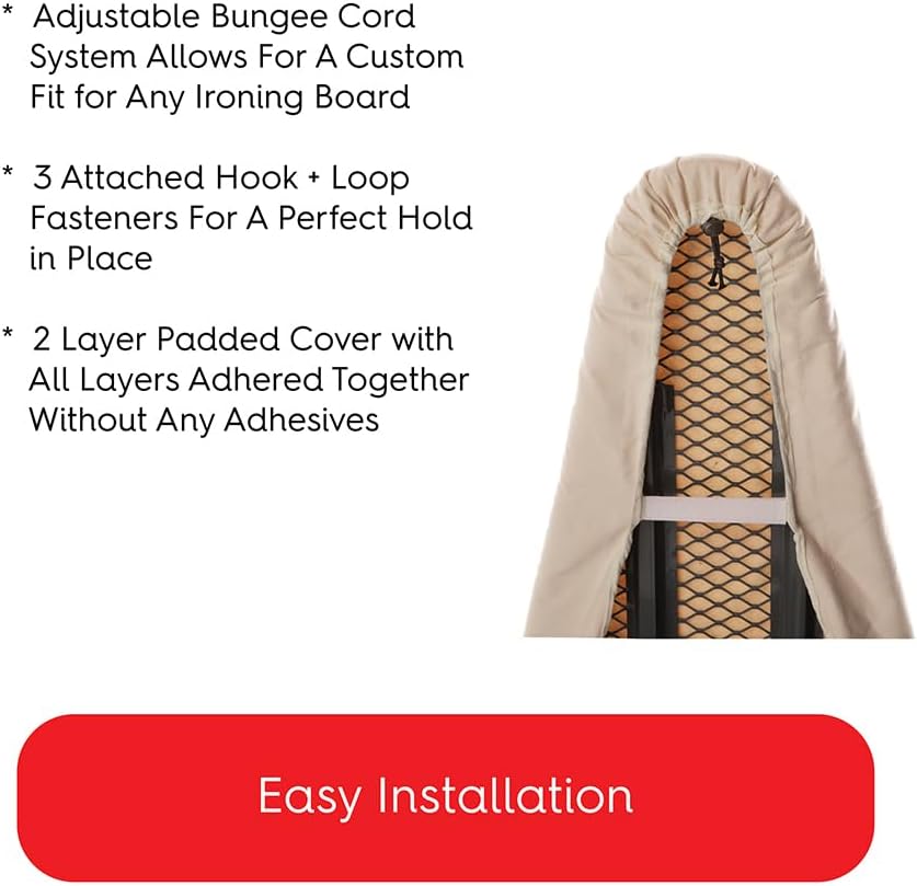 TIVIT Ironing Board Cover - Made in Italy - 18 x 54 Wide Chemical Free Eco-Friendly Padded Covers - Unbleached, Untreated Natural Cotton & Wool Pad - 2 Layer, 3 Fastener Straps, Pull Bungee Cord