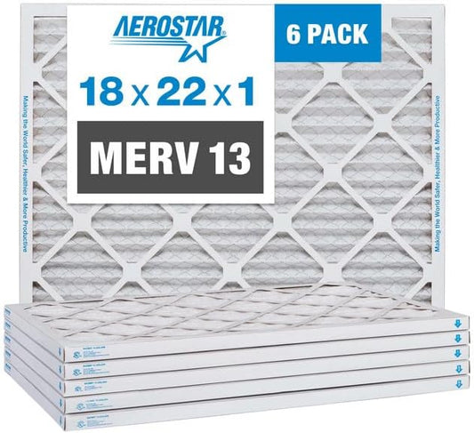 Aerostar 18x22x1 MERV 13 Pleated Air Filter, AC Furnace Air Filter, 6 Pack (Actual Size: 17 1/2" x