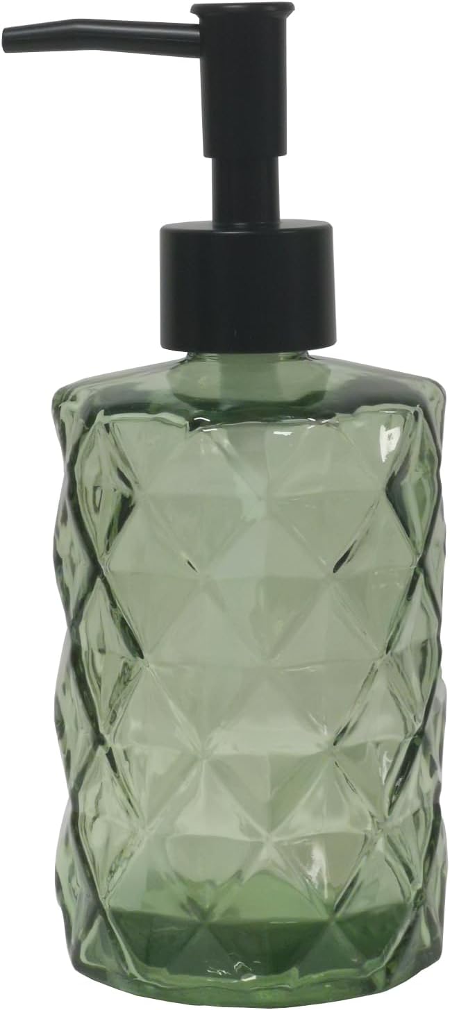 Green Glass Soap Dispenser, 12oz Bathroom Hand Dispenser, Lotion Dispenser with Black Plastic Pump for Modern Home Decor, Kitchen Countertop, Hotel