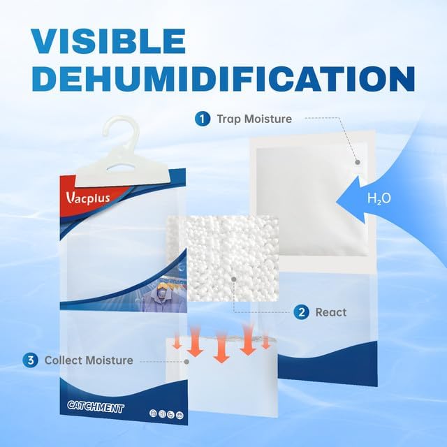 Vacplus Moisture Absorbers Packets, Fragrance Free 10 Pack, Humidity Packs, Dessicant Packets, Hanging Closet Dehumidifier Bags, Odor Eliminator for Bathroom 9.8OZ