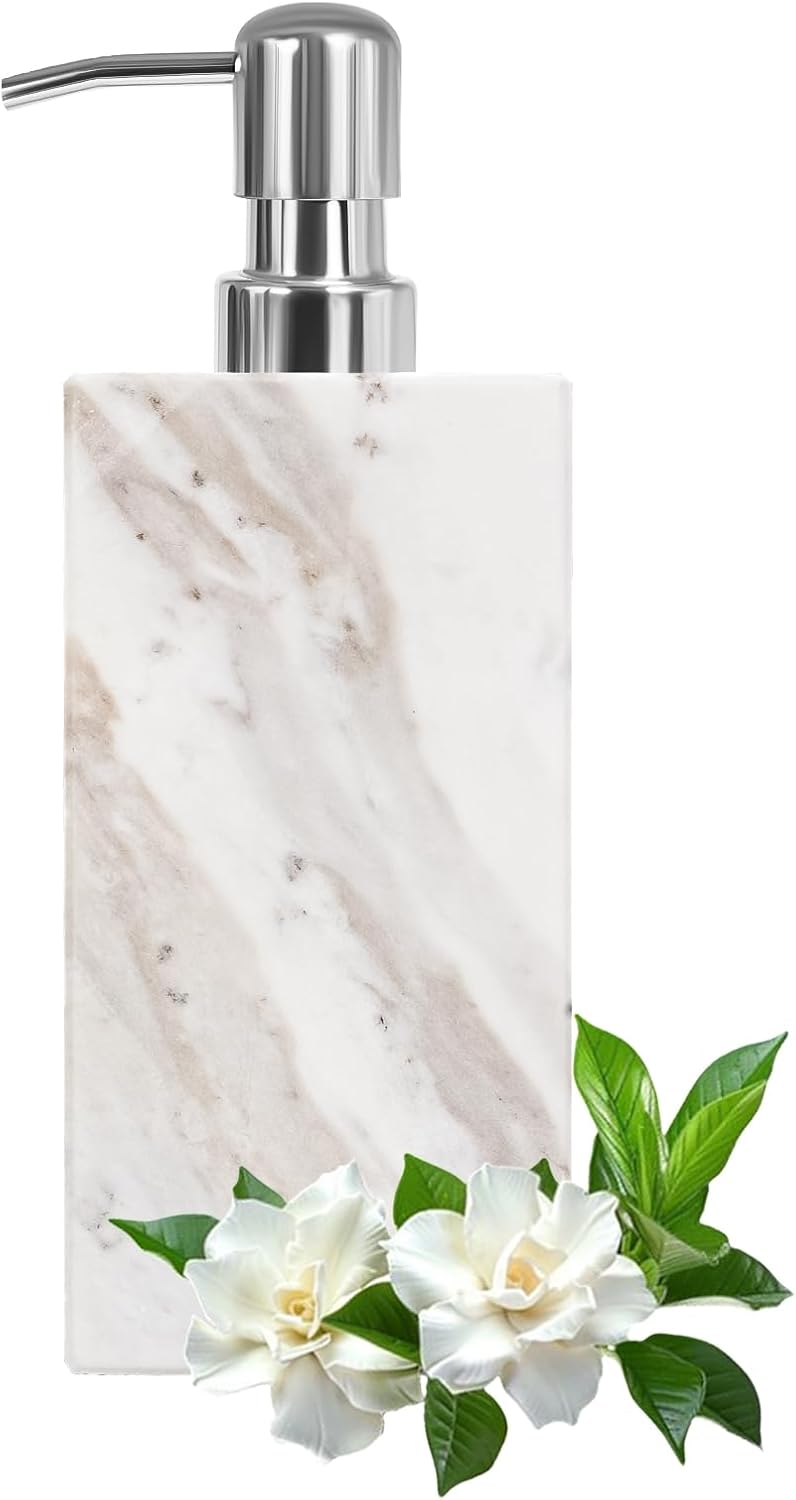 White Marble Soap Dispenser for Bathroom and Kitchen Countertop - Lotion and Liquid Soap Dispenser, 6.7 Ounces Soap Bottle with Pump