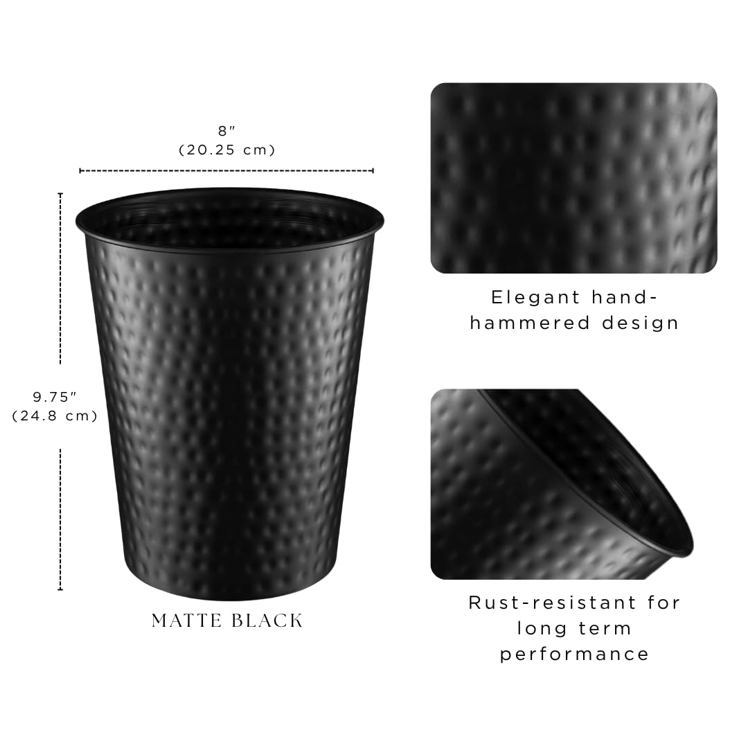 Monarch Abode Black Hand Hammered Metal Wastebasket for Home Office Bedroom, Decorative Waste Basket, Modern Bathroom Garbage Can, Durable & Decorative Trash Bin, Black Bathroom Trash Can