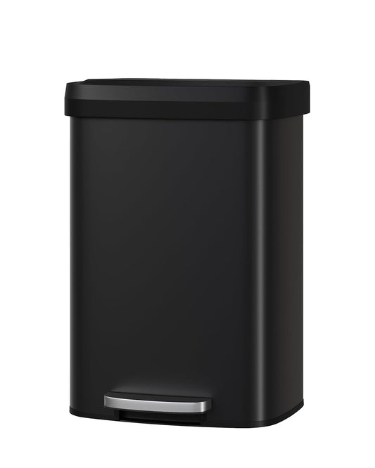 Garvee 13 Gallon / 50 Liter Metal Trash Can with Lid, Large Garbage Can for Kitchen, Rustproof Step-on Kitchen Metal Trash Bin with Liner Rim, Rear Handle, Soft Close Plastic Lid, Black