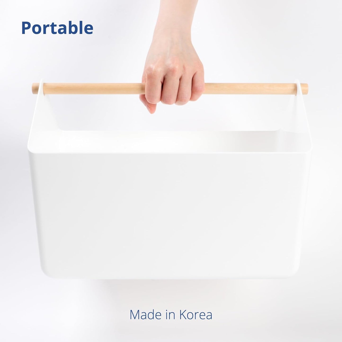 BLUE GINKGO Large Storage Basket – Plastic Caddy with Wooden Handle for Bathroom, Pantry, or Cleaning Supplies (White)