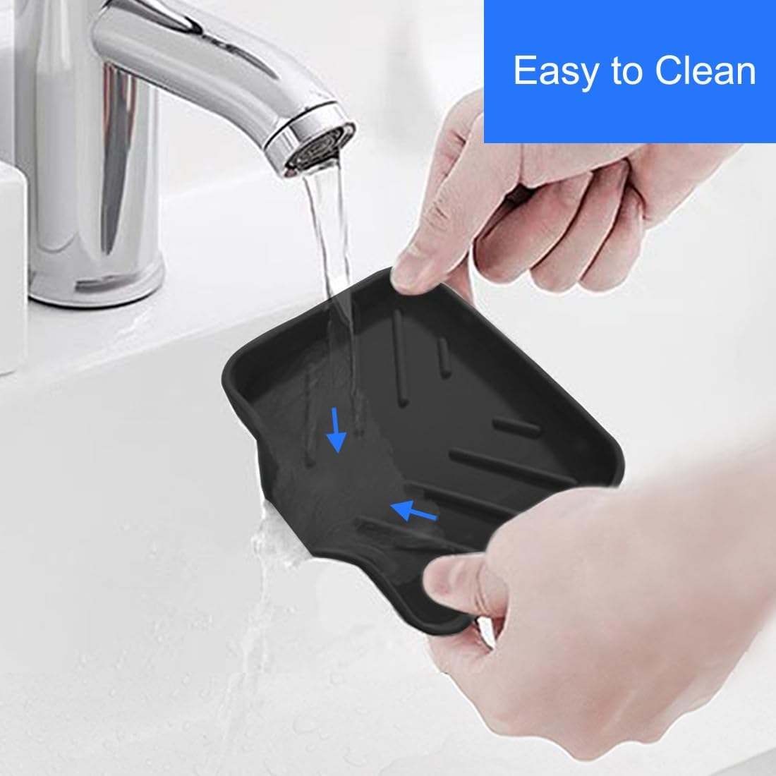 Sponge Holder with Drain Spout, Silicone Sponge Tray for Kitchen Sink, Rubber Soap Dish for Shower Bathroom (Black, 4.7" x 3.6")