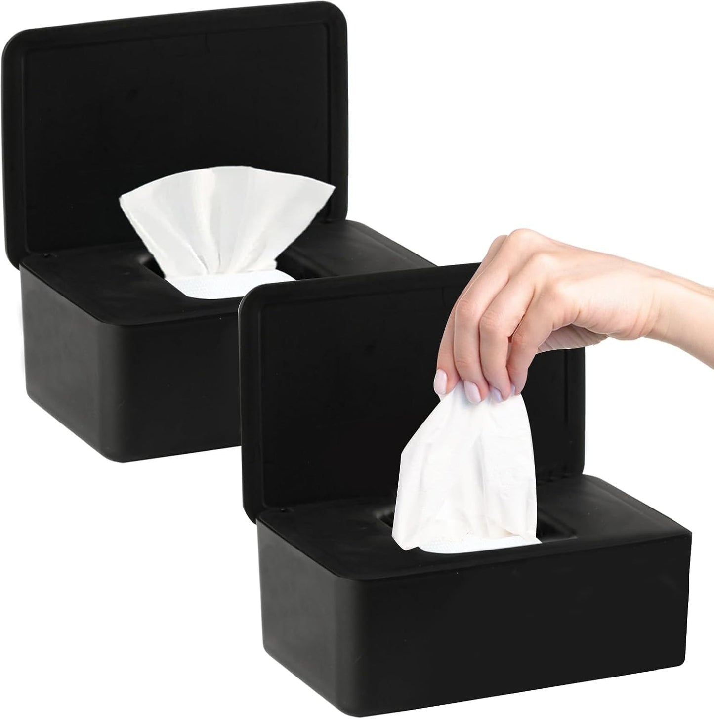 2Pcs Diaper Wipes Dispenser, Refillable Wipe Container, Wipe Container with Sealing Design Lid, Keep Wipes Fresh,Wet Wipes Cases (Black and Black)