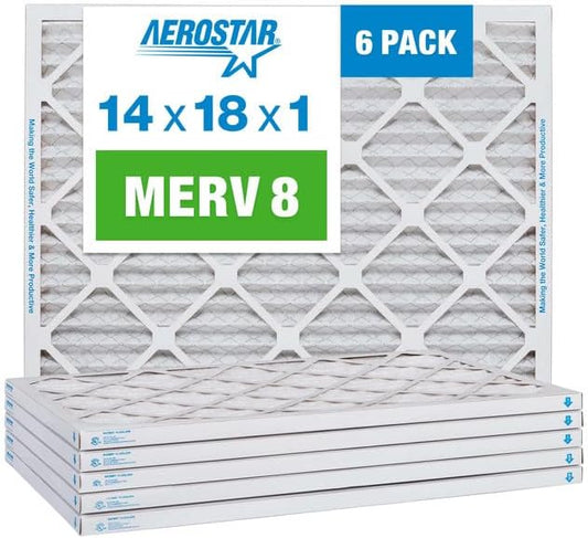 Aerostar 14x18x1 MERV 8 Pleated Air Filter, AC Furnace Air Filter, 6 Pack (Actual Size: 13 3/4" x