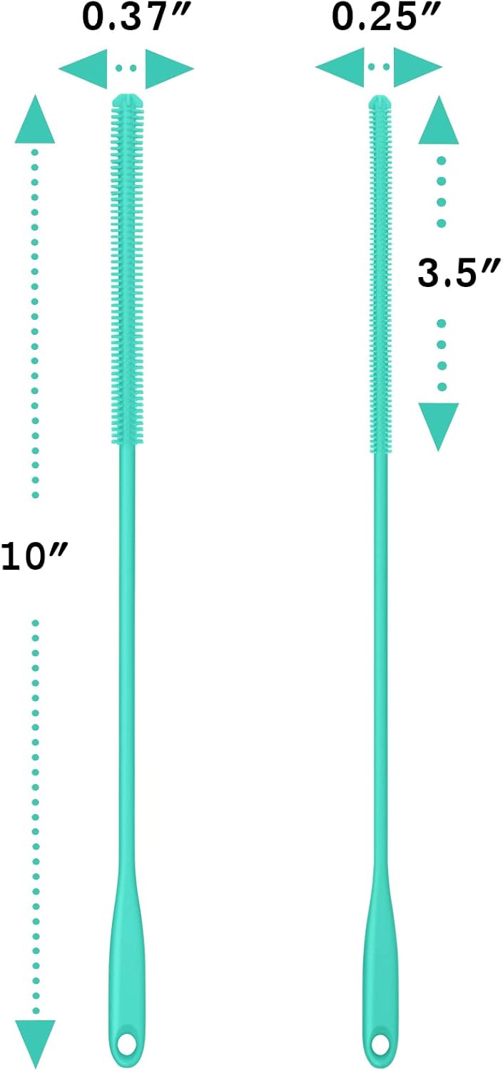 Silicone Straw Brush 4 Pack - (2 Small, 2 Wide) - 10 Inches Reusable Straw Cleaner, Pipe Cleaners, Straw Cleaning Tool for Drinking Straws, Pipes, Tubes, Glass and Detailing (Teal)