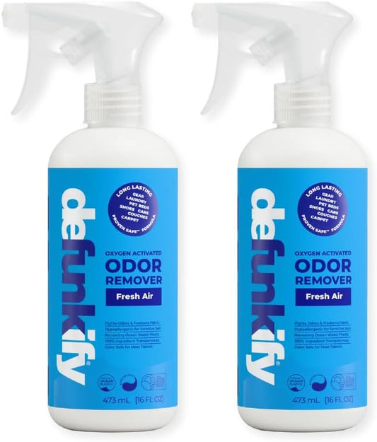 Odor Remover Spray, 16oz (2-Pack). 'Fresh Air' Essential Oil Odor Eliminator for Strong Odors on Fabric, Shoes, Activewear. 'ProvenSafe' Deodorizer for Pets, Kids & Sensitive Gear w/Ionic Silver
