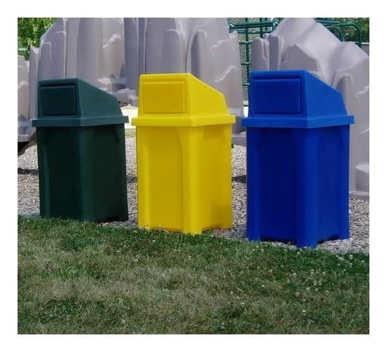 32 Gallon Square 100% Recycled Plastic Heavy Duty Commercial Outdoor or Indoor Trash Can with Push Lid - Great for Schools and Businesses - Beige Granite