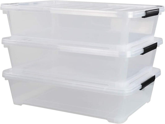 3-Pack Plastic Under Bed Storage Box Container, 40 Quart Clear Stackable Storage Box Wheeled