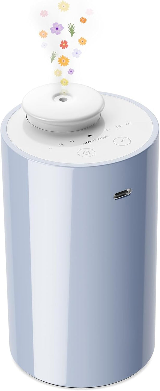 Waterless Diffuser for Essential Oil, Battery Operated Nebulizer, 0.7Fl.Oz./ 20mL Capacity, Mini Scent Air Machine, 3 Countdown Timers & 3 Mist Levels for Home, Room, Car, Office, AN6 Light Steel Blue