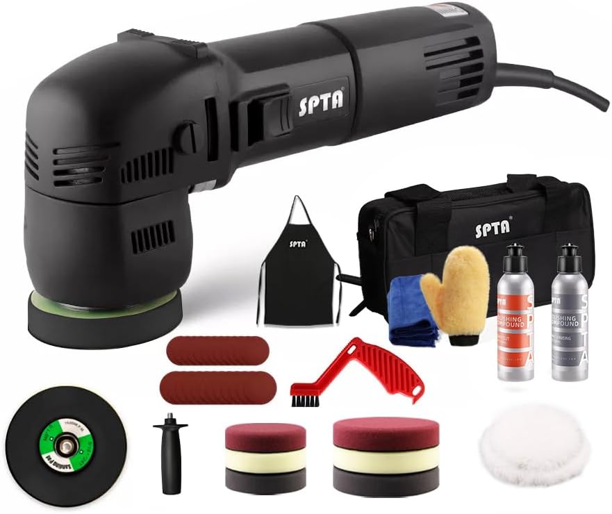 SPTA Mini Orbital Polisher - 3 Inch 10mm/780W Variable Speed Dual Action With Polishing Pads, Sanding Discs, Pad Conditioning Brush