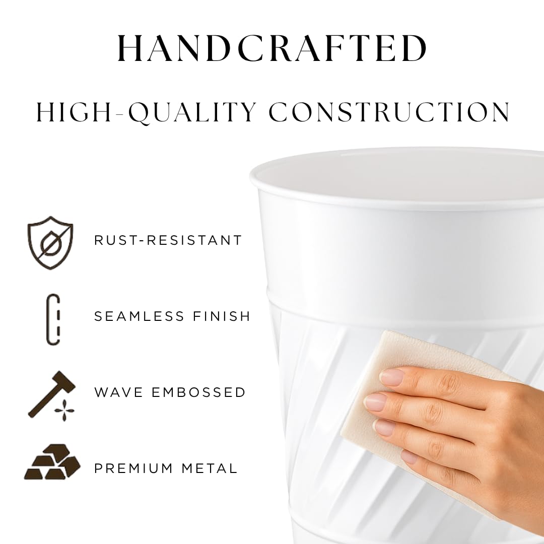 Monarch Abode White Handcrafted Wave Embossed Metal Wastebasket for Home Office Bedroom, Decorative Waste Basket, Modern Bathroom Garbage Can, Durable & Decorative Trash Bin, White Bathroom Trash Can