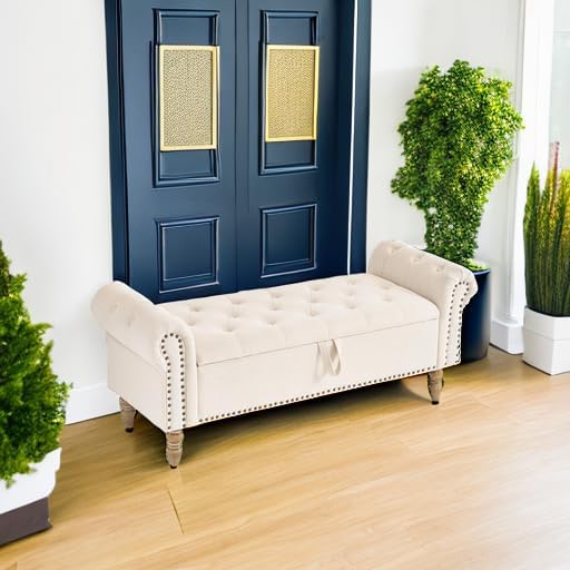 Furnimart Storage Bedroom Bench for End of Bed, Faux Linen Upholstered Storage Ottoman with Rolled Arms for Bedroom,Living Room, Entryway, 2.5Cubic Feet