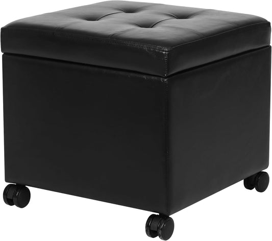 Adeco 17.7" Leather Ottoman with Wheels, Black Square Rolling Ottoman with Storage, Upholstered