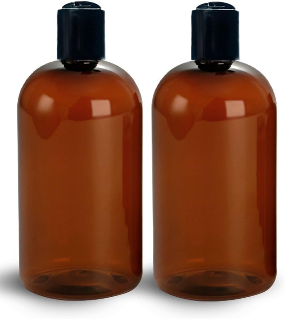 ljdeals 16 oz Amber Plastic Empty Bottles with Black Disc Top Caps, Refillable Containers for Shampoo, Lotions, Cream and More, BPA Free, Pack of 2, Made in USA