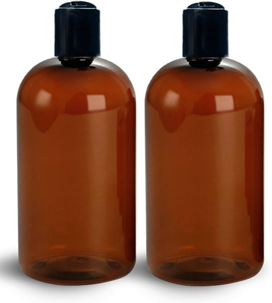 ljdeals 16 oz Amber Plastic Empty Bottles with Black Disc Top Caps, Refillable Containers for Shampoo, Lotions, Cream and More, BPA Free, Pack of 2, Made in USA