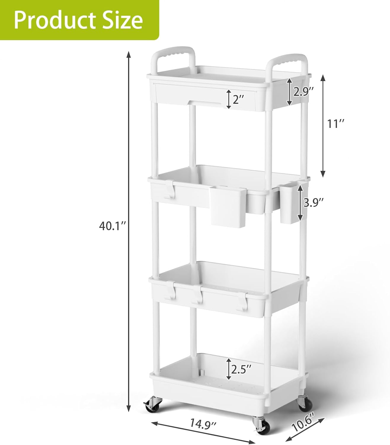 4 Tier Rolling Cart Organizer,Art Craft Diaper Bedside Snack Laundry Room Bathroom Organizer Narrow Thin Slim Rolling Trolley Utility Cart with Wheels for Kitchen,Office(White)