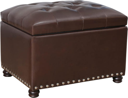 24'' Leather Storage Ottoman Rectangular Foot Rest Stool with Nailhead Trim for Bedroom Living