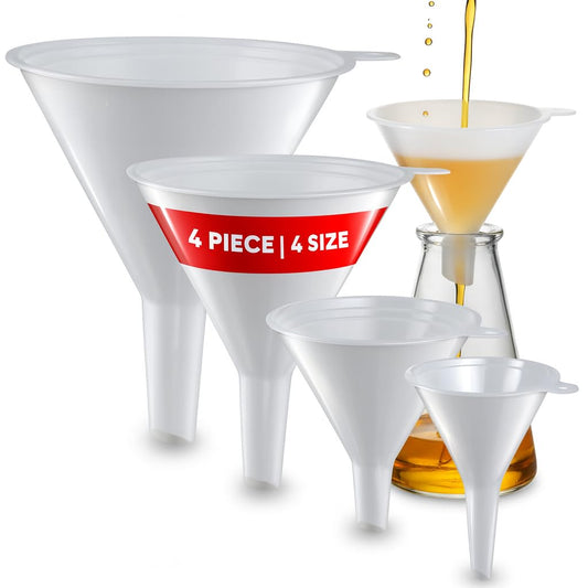 Plastic Funnel for Automotive Use - Kitchen Funnels for Filling Bottles, Jars, Containers or Lab Use - Oil Funnel for Gas, Car Oil, Lubricants and Fluids (White-4 Pack)