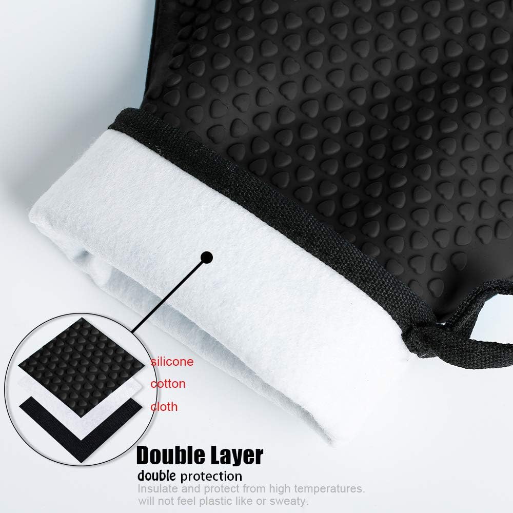 Kitchen Oven Gloves - Dual-Layer Heat Resistant Grilling Gloves, Silicone Oven Mitts with 5 Fingers, Waterproof Non-Slip Pot Holder for Barbecue, Cooking, Baking (Small, Black)