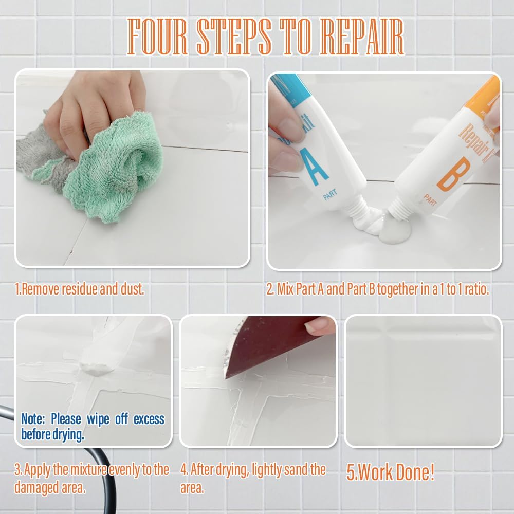 Porcelain Repair Kit White, High-Gloss Chipped Sink & Tile Repair Kit to Quickly Fix Sinks Chips and Tile Cracks with High Bond Strength, Porcelain Sink Repair Kit for Tub, Tiles, Sinks and Toilet