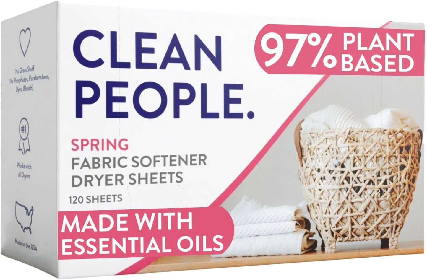 The Clean People Fabric Softener Dryer Sheets - Softens & Removes Static Cling - Vegan - Made with Essential Oils - Spring Scent, 120 Sheets