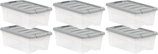 Amazon Basics Plastic Storage Containers with Secure Latching Lids, Stackable Organization Bins, Clear/Grey, 12 Quart, Set of 6
