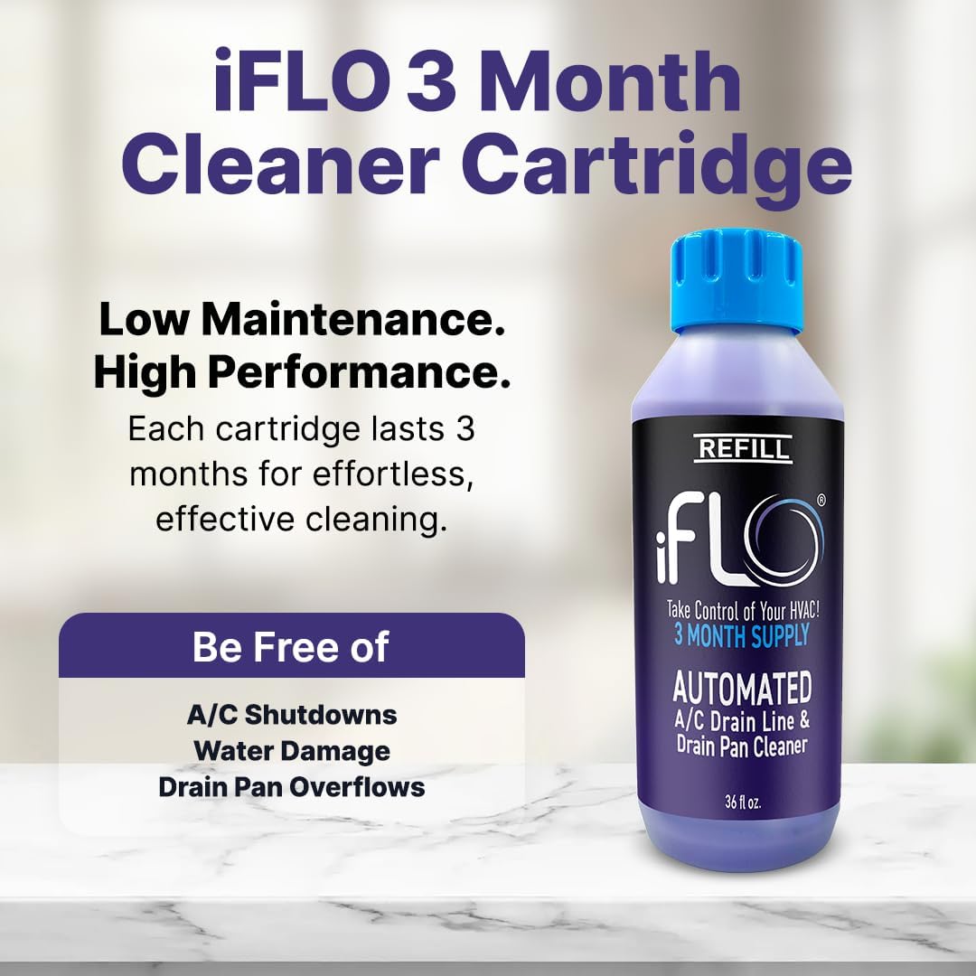 iFLO® Smart A/C Drain Line Cleaner and Drain Pan Cleaner Cartridge, Fast-Acting, Long-Lasting HVAC System Solution for Tough Clogs & Buildup, 3-Month Supply per Bottle, 1 Pack of 36oz