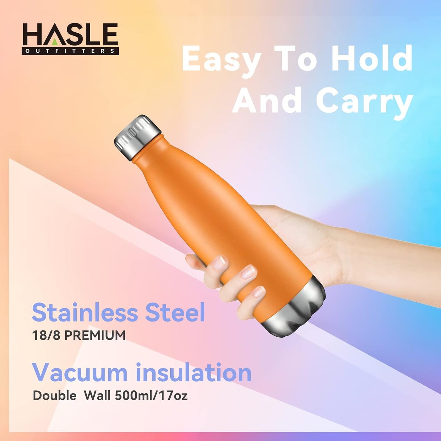 HASLE OUTFITTERS 17oz Stainless Steel Water Bottles Bulk, Vacuum Insulated Water Bottles Double Walled Powder Coated Reusable Metal Sports Water Bottles Keep Drinks Hot and Cold, Orange, 4Packs