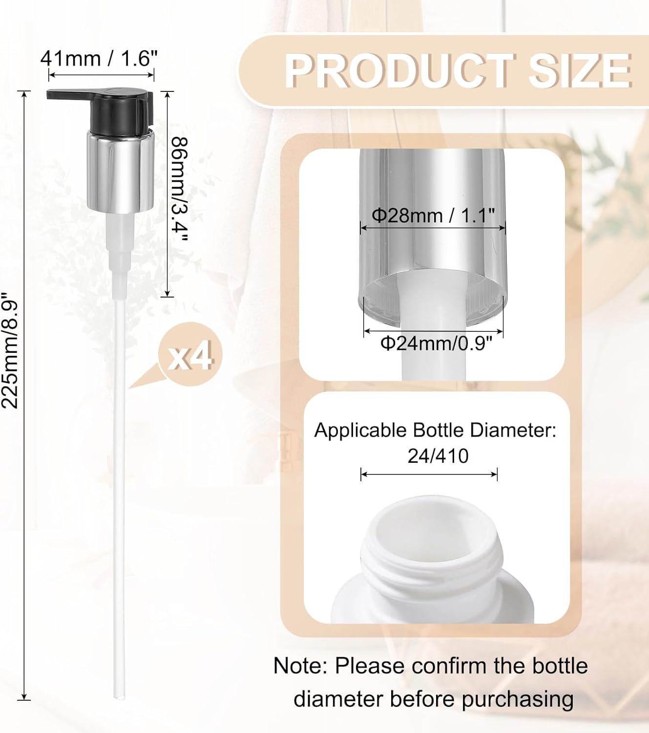 uxcell 4 Pcs Soap Dispenser Pump Heads, Hand Soap Dispensers Top Pumps Replacement Clip-on Pumphead for Standard 24/410 Neck Size Bathroom Lotion Shampoo Bottle, Silver Black