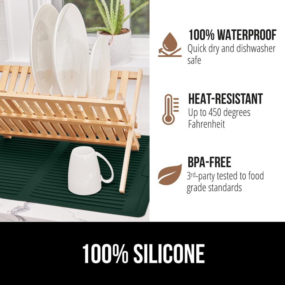 GORILLA GRIP 100% BPA-Free Silicone Dish Drying Mat for Kitchen Counter, Quick Dry, Water Catching Ribbed Design, Easy Clean Waterproof Sink Liner, Heat Resistant, Fits Under Rack, 13x11, Hunter Green