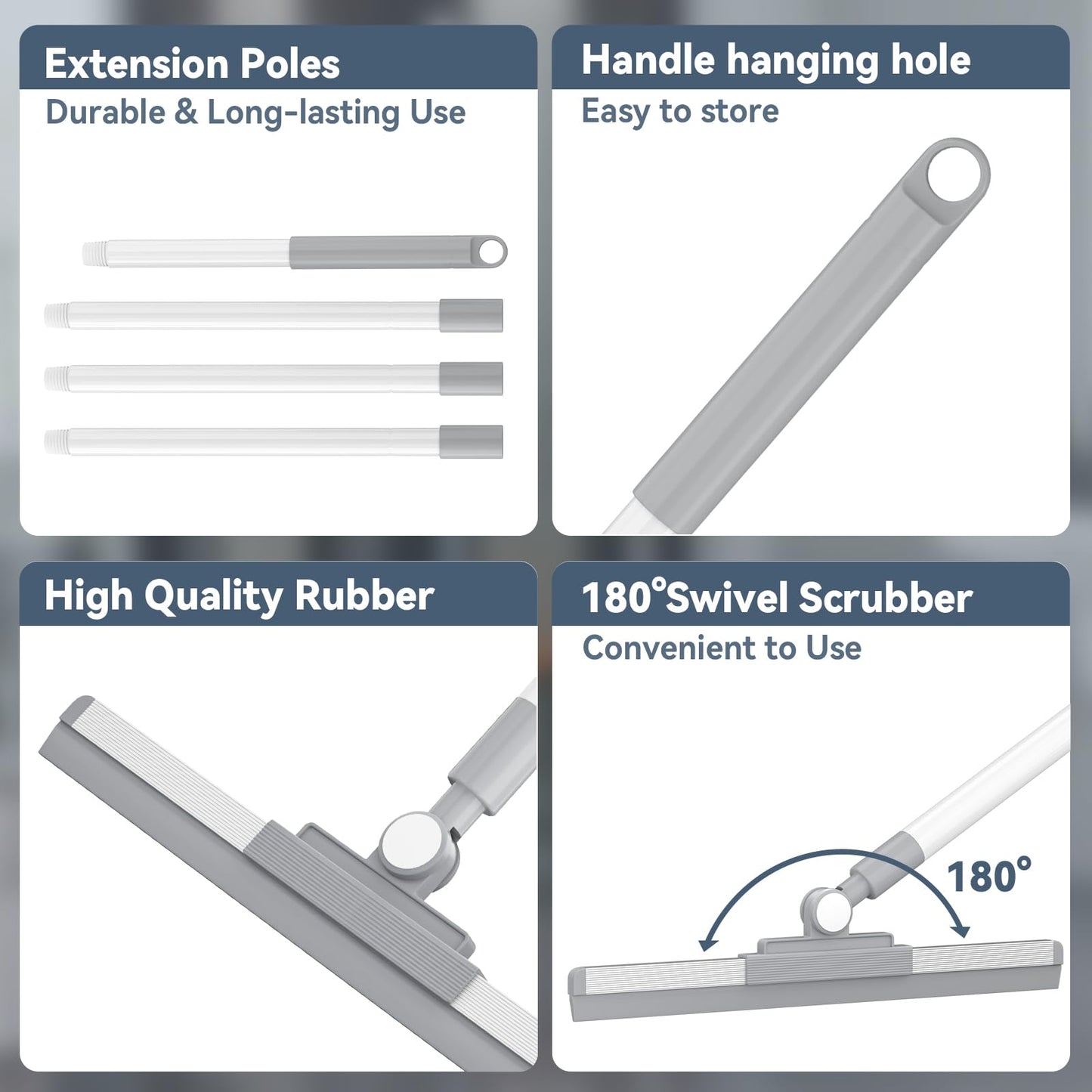 Floor Squeegee with 180° Rotating Head, Squeegee for Floor with 52'' Long Handle, Squeegee Broom